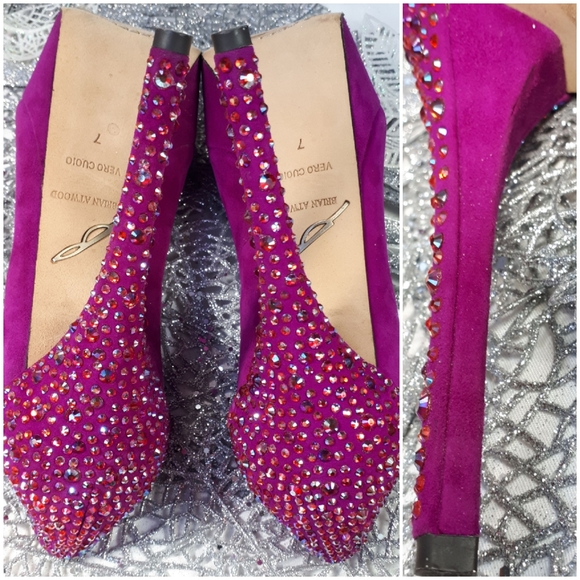 B. Brian Atwood Suede Baccina Pump Magenta Heels 7 - Picture 4 of 8